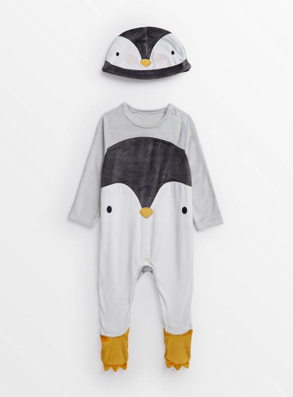 Penguin Velour Sleepsuit & Hat 9-12 months